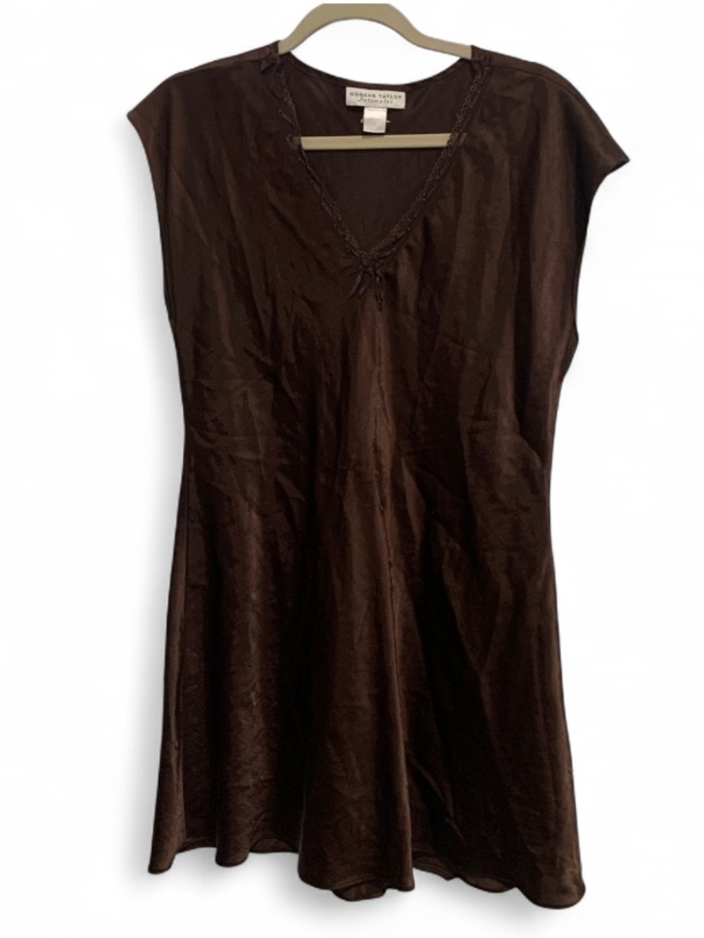 Y2K Morgan Taylor Chocolate Brown V-Neck Cap Sleeve Satin Sleep Dress